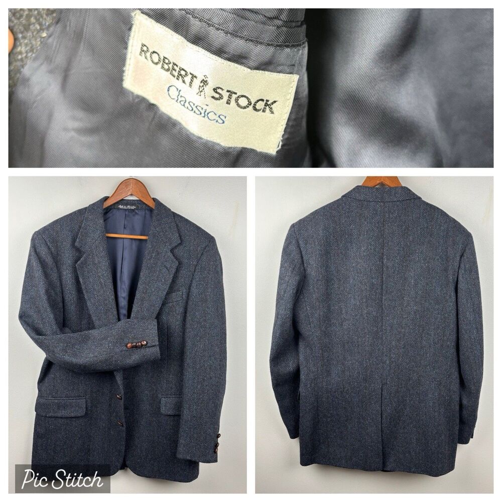 Robert Stock Classics Sport Coat Men's 42L Herringbone Tweed Blazer Wool Jacket